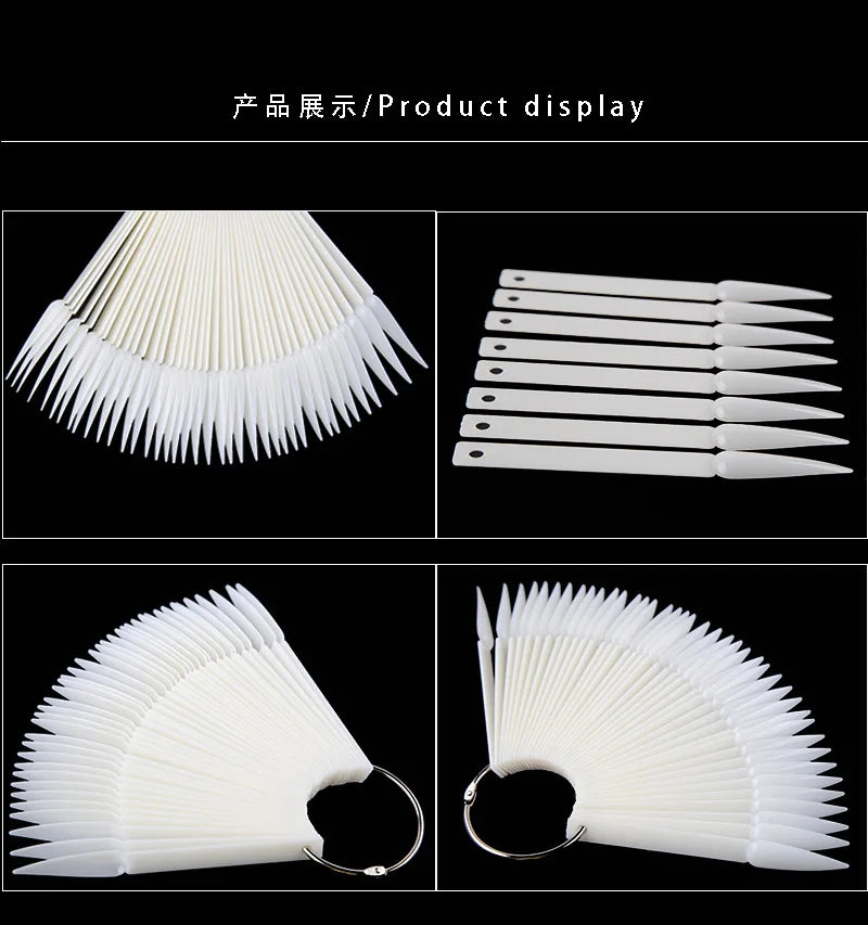 50pcs Clear Plastic 3 Tier Nail Tip Chart Fan with Ring- for Practicing Nail Art Patterns & Designs Swatch Nail Polish Colors