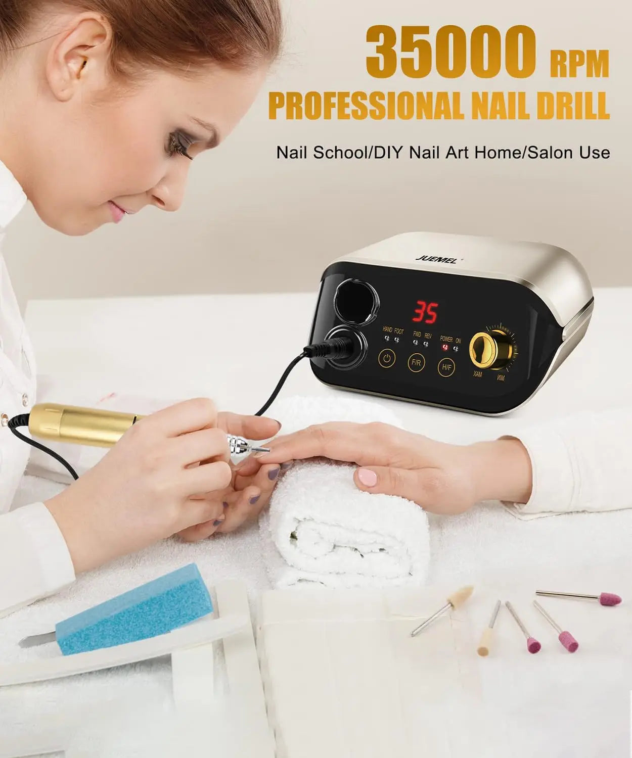 l Nail Drill Machine 35000 rpm with Foot Pedal and Forward/Reverse Rotation,JUEMEL Electric Nail File for Gel Nails,Acrylic,Mani