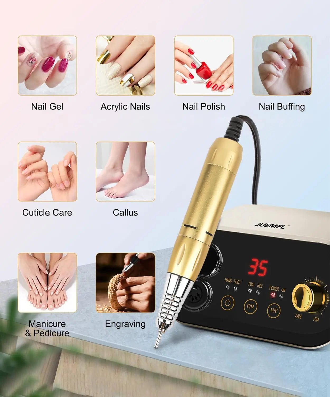 l Nail Drill Machine 35000 rpm with Foot Pedal and Forward/Reverse Rotation,JUEMEL Electric Nail File for Gel Nails,Acrylic,Mani