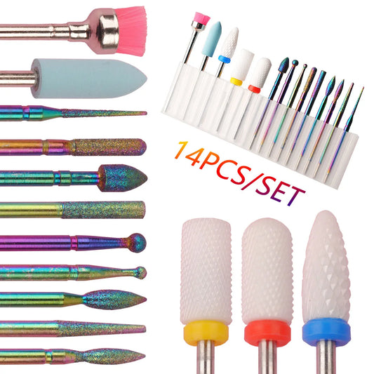 14 Pcs/box Professional Ceramic Nail Drill Bit Set Electric Manicure Nail File Bit For Acrylic Gel Nails And Cuticles