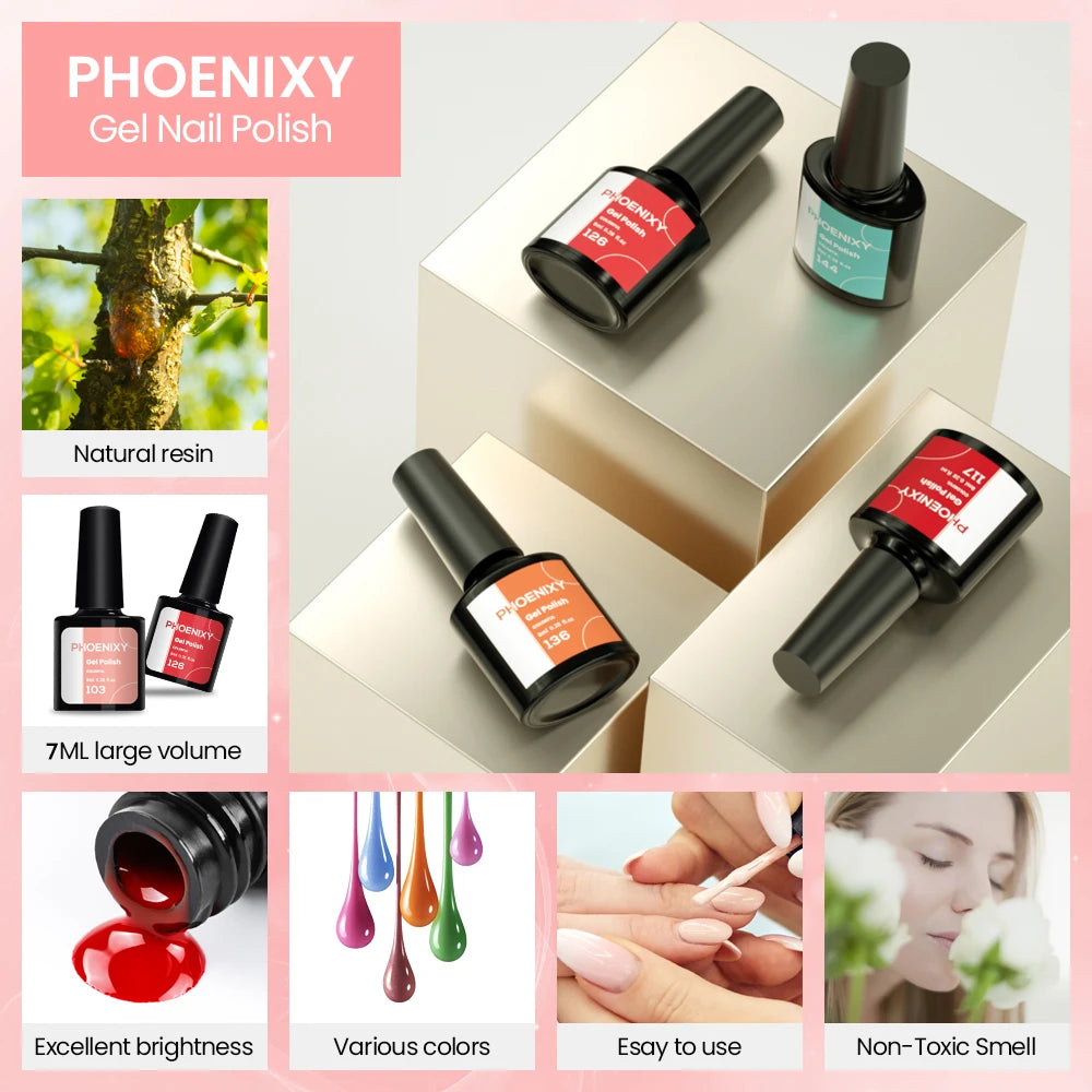 PHOENIXY Gel Nail Polish Set 8ml UV LED Soak Off Gel Varnish Red Pink Color Glitter Nail Gel Polish Top Base Coat Nail Art Kits